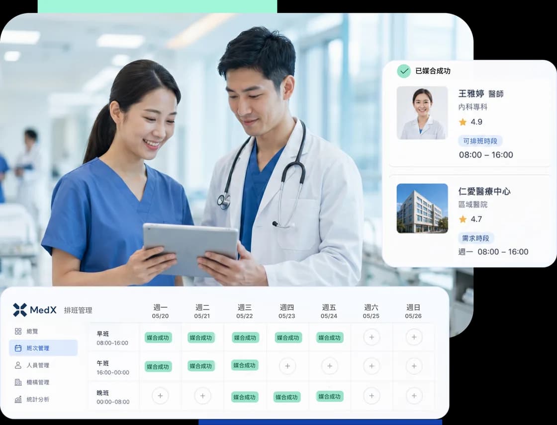 MedX 排班管理介面與醫護團隊